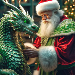 Wall Mural - green dragon and Santa Claus