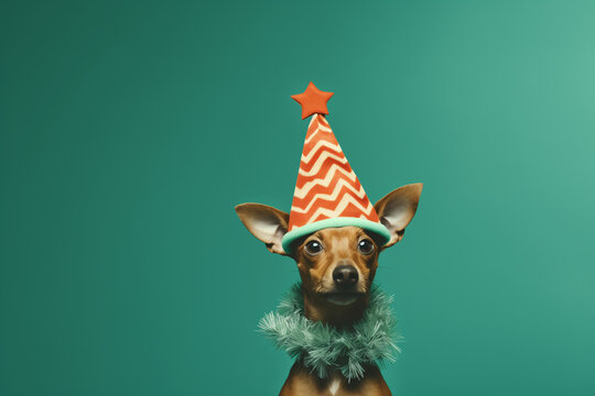 A dog wearing a party hat on a green background.
