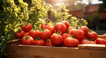 Canvas Print - a wooden box full of tomatoes in the garden,