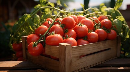 Wall Mural - a wooden box full of tomatoes in the garden,