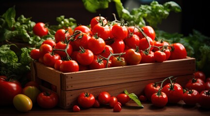 Canvas Print - a wooden box full of tomatoes in the garden,