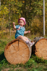 Wall Mural - Cute child girl baby toddler in denim jumpsuit sitting on a log tree