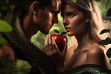 Fototapeta  - Modern Adam and Eve with a tempting apple. The concept embodies temptation and choice.