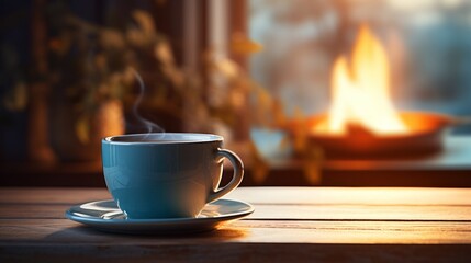 Sticker - coffee cup on a wooden table on a table with steam billowing up,