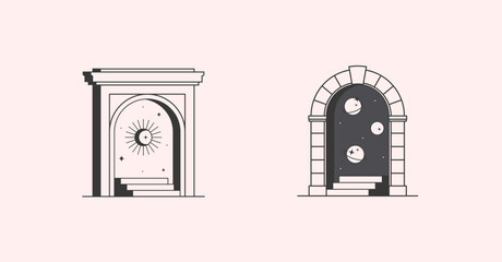 Wall Mural - vector cosmic logo design templates with portal,steps,planets,outer space,moon and stars.surreal abs