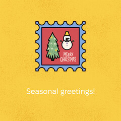 Wall Mural - Christmas Tree Seasonal Greetings Postal Stamp. Vector Illustration of Postcard. Frame for Celebrative Art.