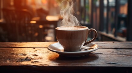 Sticker - cup of coffee on table,