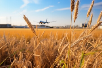 Sticker - Landing airplane above wheat field. Concept of decarbonization and biofuel