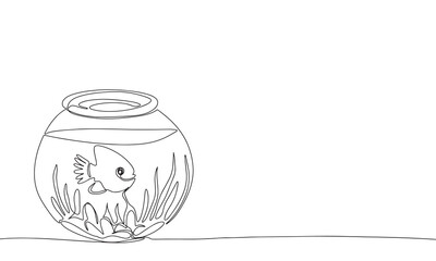 One line continuous aquarium with fish. Line art aquarium with fish outline. Hand drawn vector art