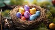 © ArtCookStudio - happy easter! colorful eggs in nest on grass,