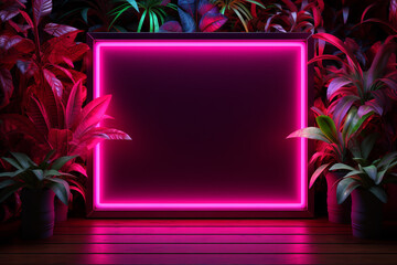 Neon plants with empty inside mockup adframe. Background template with copyspace