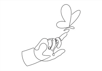 Poster - Hand with a butterfly on the finger icon line continuous drawing vector. One line Hand and butterfly icon vector background. Butterfly icon. Continuous outline of a hand icon.