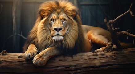 lion laying down on a log,