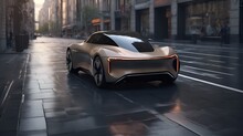 Futuristic Electric Sports Car Driving In City Highway With Full Self Driving System Parked At Battery Charging Station Network Infrastructure Wide Banner Hud Datum With Copy Space Area