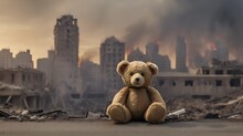 Teddy Bear Toy Over City Burned Destruction Of An Aftermath War Conflict Copyspace Banner
