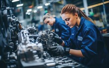 Female Worker In A Modern Automotive Manufacturing Plant, Confidently Operating Machinery