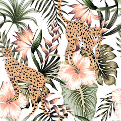 Poster - Cheetah animal, tropical palm leaves, hibiscus flower seamless pattern white background. Exotic Hawaiian jungle wallpaper.	
