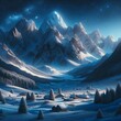 冬の雪山の美しい夜景と雪景色、満点の星空、背景、風景、生成AIイラスト