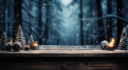 Wall Mural - snowfall falling on a wooden table in a forest,