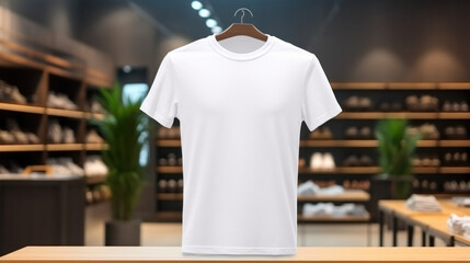 Wall Mural - T-shirt with blank front, realistic on a mockup template in a luxury store,