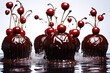 Chocolate cupcakes with dripping chocolate and cherries.