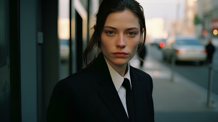 Wall Mural - a stoic female detective, with a cold, piercing gaze and a black suit. generative AI