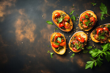 Wall Mural - Tasty bruschetta with tomato, capers, garlic, basil leaves, thyme, garlic and herbs on an old light vintage background. Top view, space for text