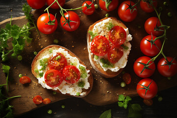 Wall Mural - Sandwiches with baked cherry tomatoes and cottage cheese, thyme, garlic and herbs on an old light vintage background. Healthy breakfast. italian cuisine