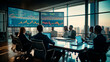 © MYDAYcontent - Business meeting in the wide modern office with stock infographics