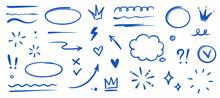 Hand Drawn Blue Highlight, Text Underline, Emphasis Mark, Line Shape Set. Hand Drawn Scribble Arrow, Love Heart, Speech Bubble, Crown Element. Marker, Pen Brush Stroke. Vector Illustration