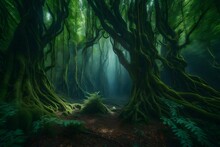 A Primordial Forest With Massive, Twisted Trees And Hanging Vines