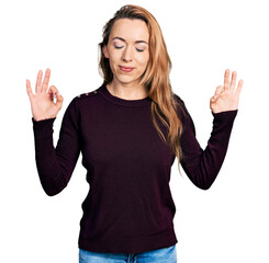 Poster - Young caucasian woman wearing casual clothes relax and smiling with eyes closed doing meditation gesture with fingers. yoga concept.