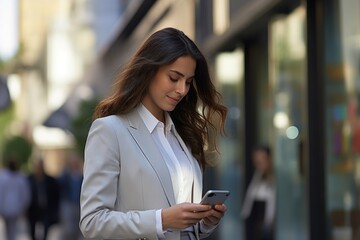 Poster - A professional woman in a business suit focused on her cell phone. Suitable for business, technology, and communication concepts