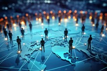 A Group Of People Standing On Top Of A World Map. Can Be Used To Represent Teamwork, Global Collaboration, Or International Business