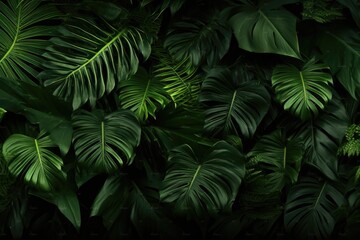 Wall Mural - A bunch of green leaves against a black background. Suitable for various design projects