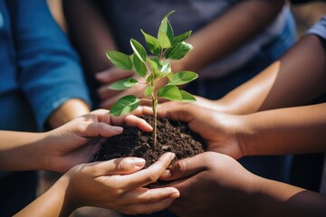 Wall Mural - A group of people holding a small plant. Can be used to represent teamwork, environmental conservation, gardening, or community involvement