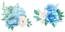 Bouquet Of Flowers For Wedding Or Invitation Card In Watercolor And Blue Theme.