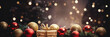 Christmas banner. Background Xmas design with festive gift boxes and Christmas balls. Horizontal Christmas header with golden bokeh.