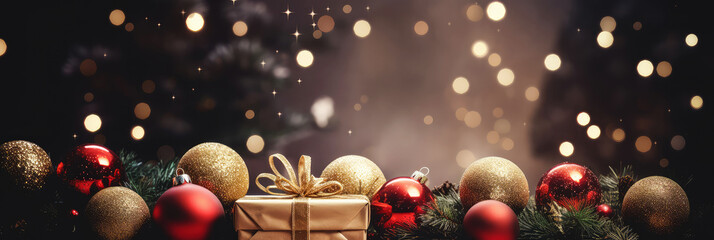 Wall Mural - Christmas banner. Background Xmas design with festive gift boxes and Christmas balls. Horizontal Christmas header with golden bokeh.