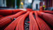 Large number of electric and high-speed Internet Network cables in red corrugated pipe on the street covered with cobblestones.
