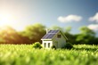a small house with solar panels in grass