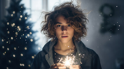 Wall Mural - christmas portrait of a cute boy with sparklers