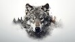A double exposure rendering that features the intense gaze of a wolf, its facial details etched against a pure white background, embodying the stark beauty of the wilderness.