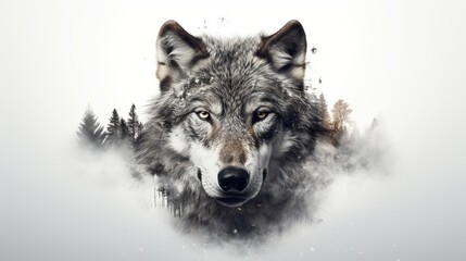 a double exposure rendering that features the intense gaze of a wolf, its facial details etched agai