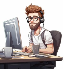 Caucasian man with a beard working with computer and headphones at a desk. Software developer, programmer or system administrator with PC. Technical specialist at workplace. Cartoon illustration
