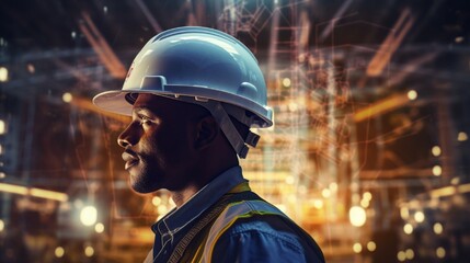 A helmeted foreman's profile casting a gaze over a blueprint, behind which a kaleidoscopic construction site emerges, blending the bustle of city growth with the tranquility of the worker's focus.