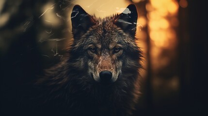 A silhouette of a forest overlaid on the close-up of a wolf's face at twilight.