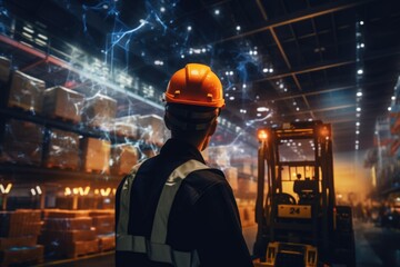 Wall Mural - A man wearing a hard hat stands next to a forklift. This image can be used to depict construction, industrial work, or warehouse operations