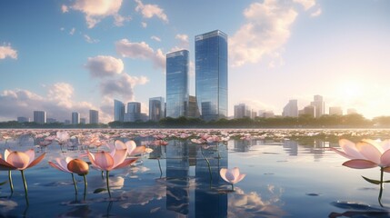 Wall Mural - A skyscraper's reflection showing a serene lake with floating lotus flowers.