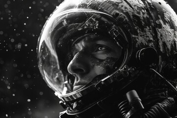 Canvas Print - a black and white photo of a man wearing a space suit. can be used to depict astronauts, space explo